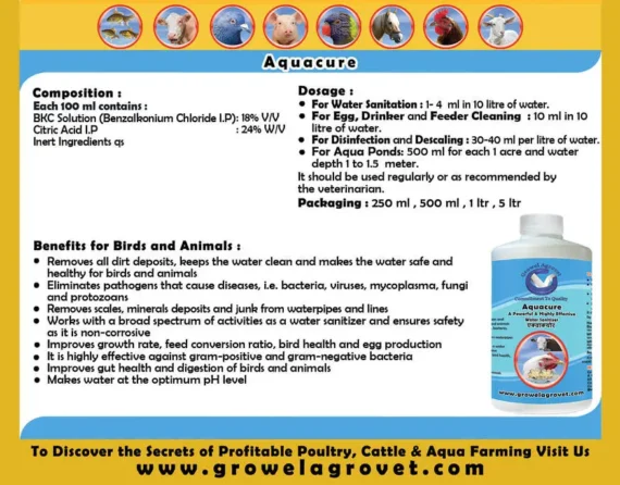 Aquacure water sanitiser and acidifiers for aquaculture, animal, and poultry