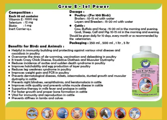 Grow E-Sel – Vitamin – E With Selenium, Biotin, And Vitamin – C For Birds And Animals.