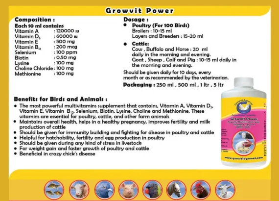 Growvit Power – A Powerful Multivitamin (Vitamin AD3E) for poultry, cattle, horses, pigs, goats, cows, pet birds, and pigeons