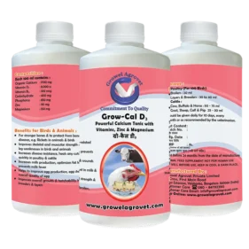Growel Grow-Cal D3 powerful veterinary calcium tonic with Vitamin D3, Zinc, and Magnesium for poultry, cattle, horses, pigs, goats, sheep, birds, and pigeons