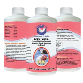 Growel Grow-Cal D3 powerful veterinary calcium tonic with Vitamin D3, Zinc, and Magnesium for poultry, cattle, horses, pigs, goats, sheep, birds, and pigeons