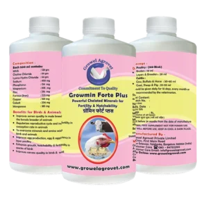 Growel Growmin Forte Plus high-quality chelated mineral supplement for aquaculture, poultry, cattle, horses, pigs, goats, sheep, birds, and pigeons