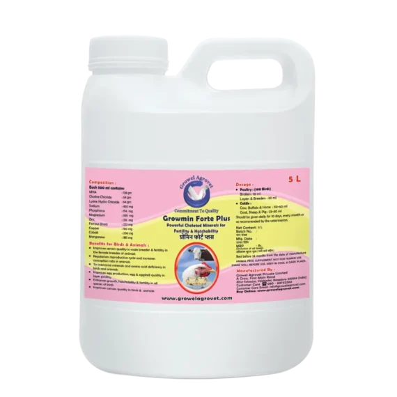 Growmin Forte Plus is a chelated mineral supplement for the hatchability and fertility of birds and animals.