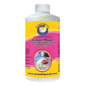 Growvit Power – A Powerful Multivitamin (Vitamin AD3E) For poultry, cattle, horses, pigs, goats, cows, pet birds, and pigeons.