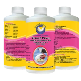 Growel Growvit Power multivitamin supplement with 9 essential vitamins for aquaculture, poultry, cattle, horses, pigs, goats, sheep, birds, and pigeons