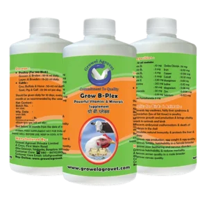 Growel Grow B-Plex B-Complex supplement for veterinary use in aquaculture, poultry, cattle, horses, pigs, goats, sheep, birds, and pigeons