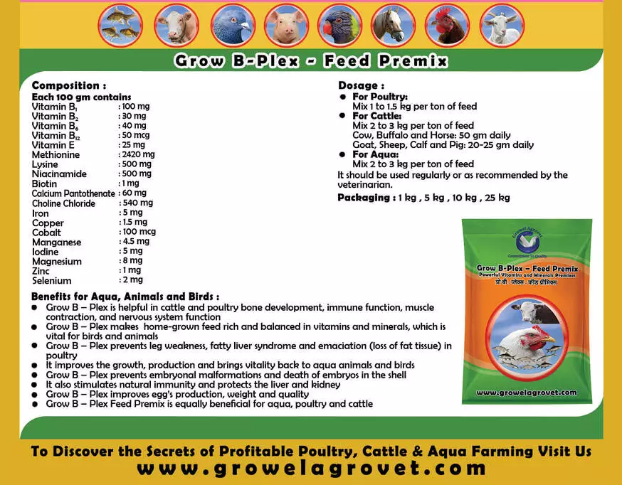 Grow B-Plex - Feed Premix: Vitamins and Minerals Feed Premixes with 19 Compositions for Aquacultures, Animals and Birds. - Image 3