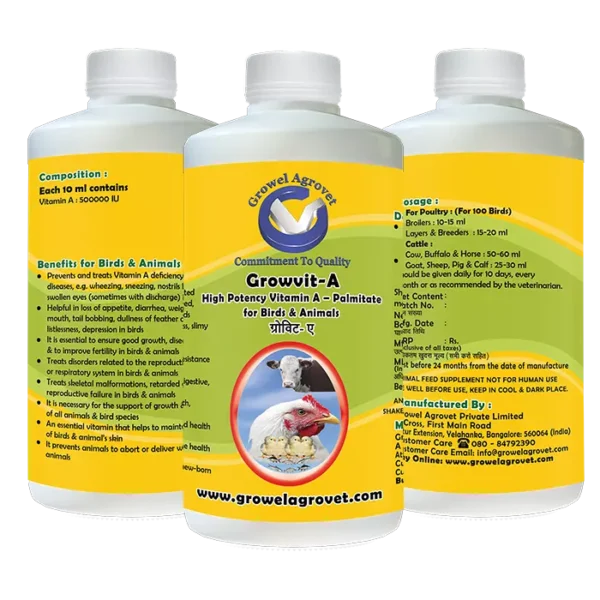 Growvit-A – High Potency Vitamin- A for Poultry, Cattle, Horses, Pigs, Goats, Sheep, Birds, and Pigeons