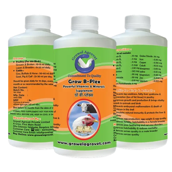 Grow B-Plex – B-Complex for Veterinary use in Aquaculture,Poultry, Cattle, Horses, Pigs, Goats, Sheep, Birds, and Pigeons