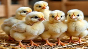 Day old chicks in a poultry brooding house receiving proper care, feeding, and temperature management for healthy growth.