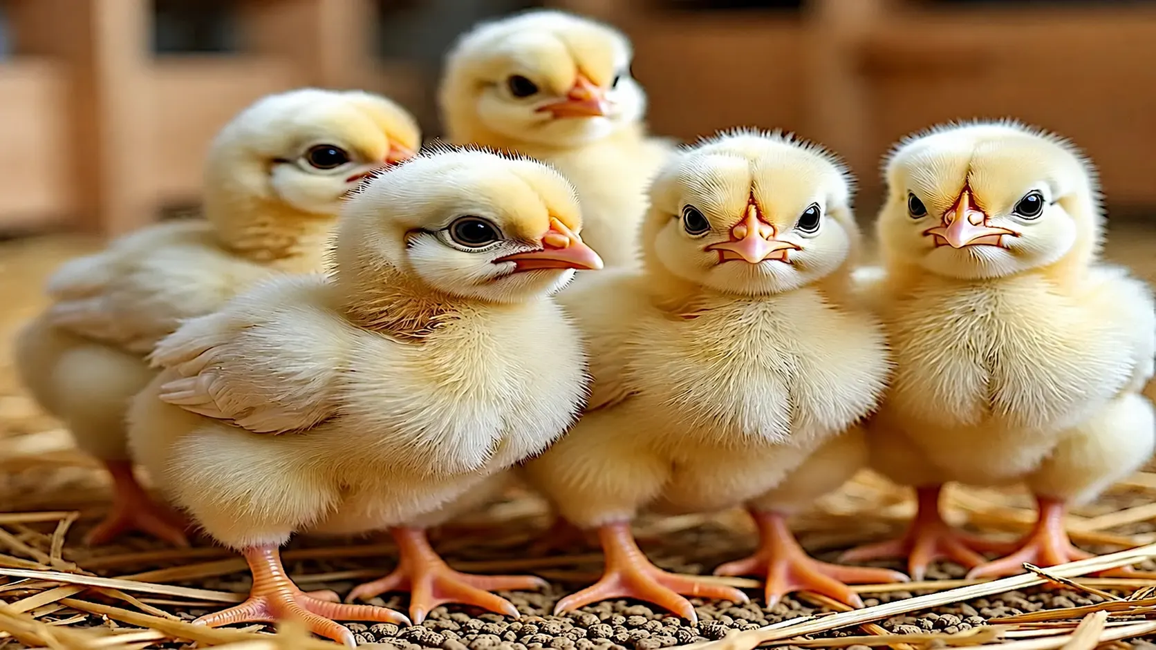 Day old chicks in a poultry brooding house receiving proper care, feeding, and temperature management for healthy growth.