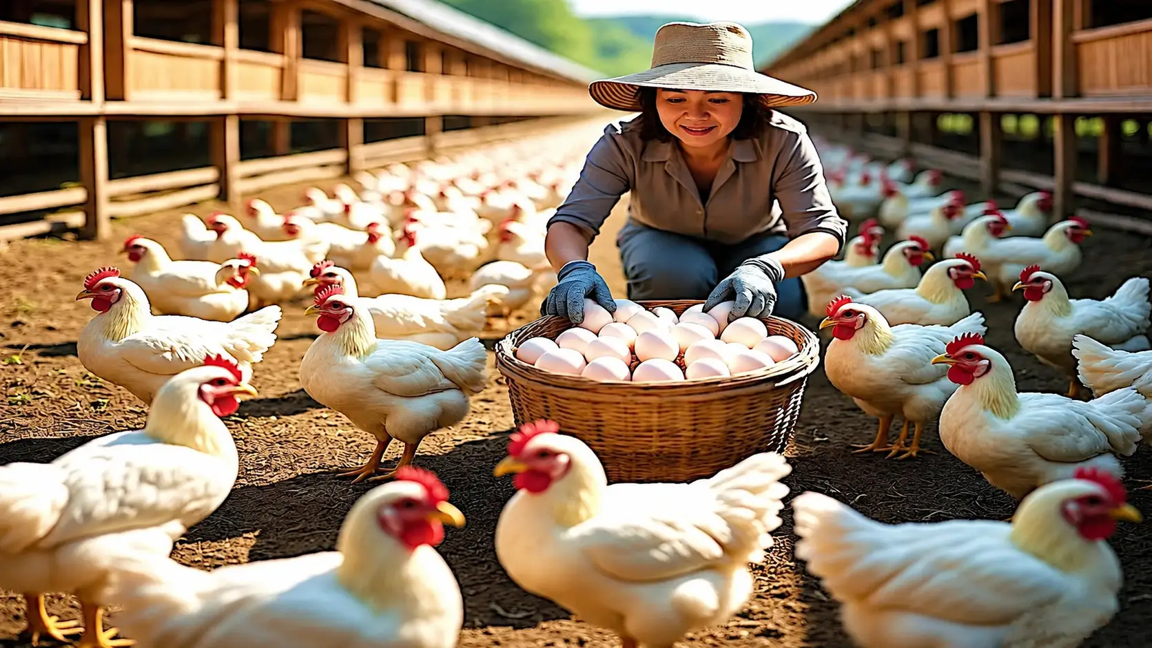 Layer poultry farming with healthy laying hens in a modern poultry house for efficient egg production and flock management.