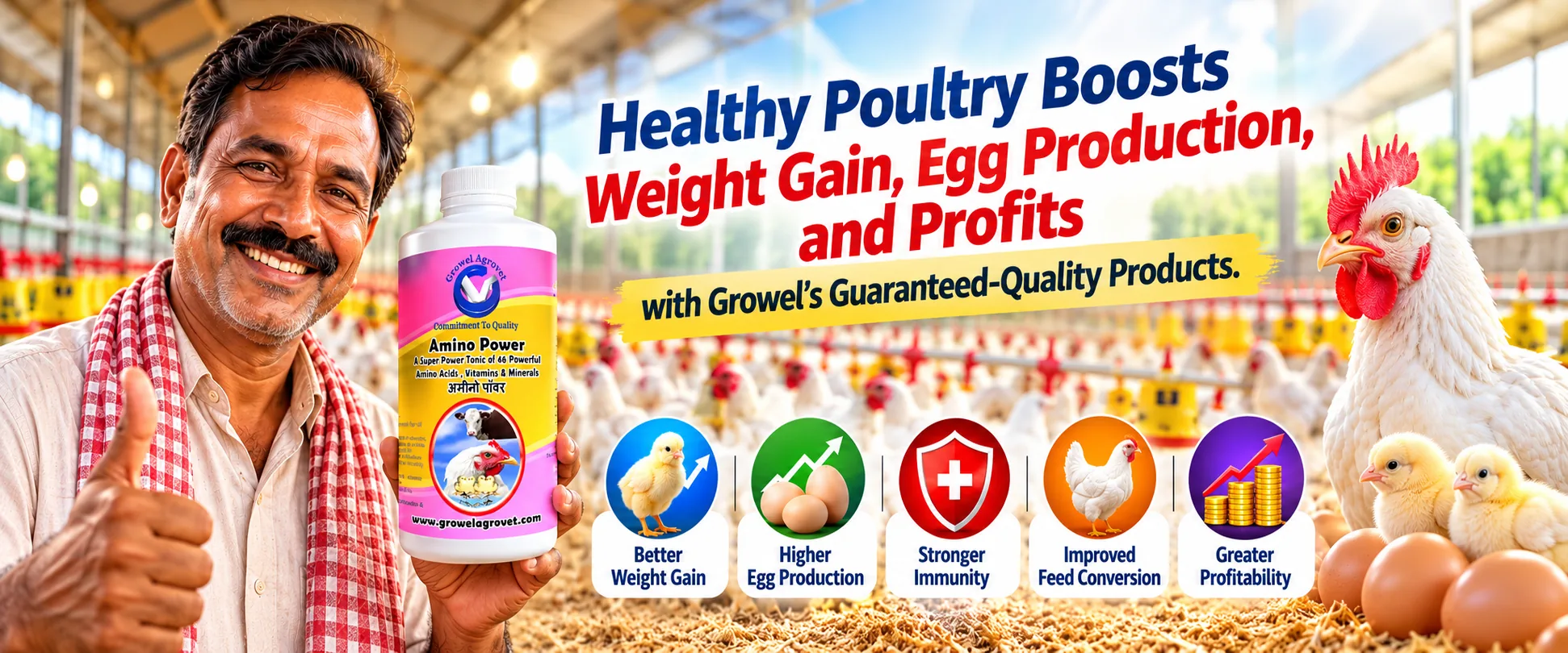 Growel poultry medicine and feed supplements for healthy birds, growth, immunity and poultry farming